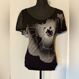 Mango Black and Gray Floral Short Sleeve Top